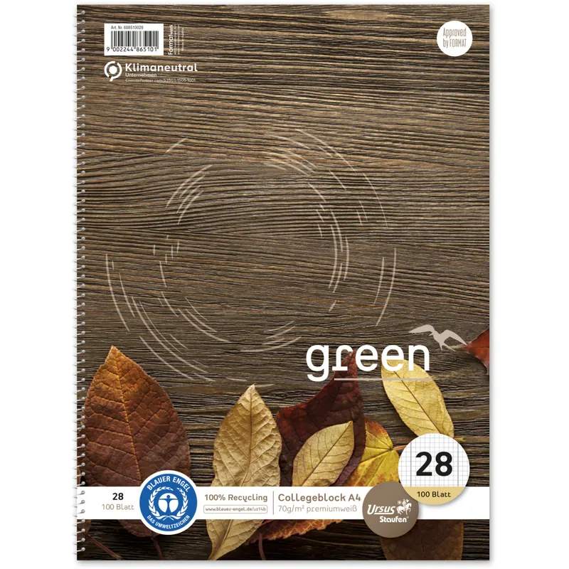 Collegeblock Staufen green paper 608510028 - A4 210 x 297 mm verschiedene Motive kariert Lineatur28 5 x 5 mm mit Doppelrand 100 Blatt Blauen Engel weißes Qualitätspapier 70 g/m²