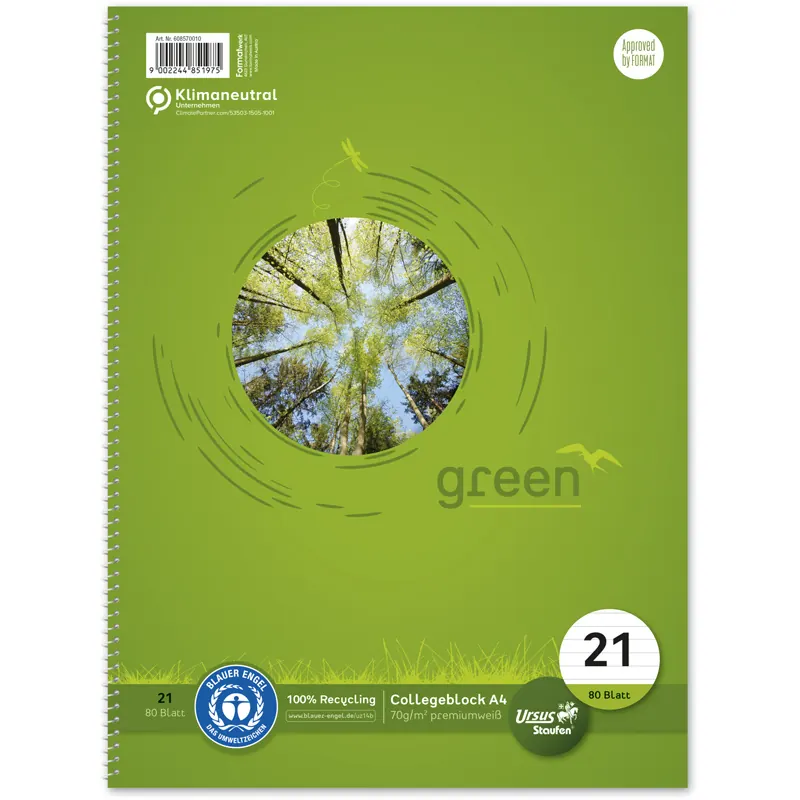 Collegeblock Staufen green paper 608570010 - A4 210 x 297 mm grün liniert Lineatur21 mit Schreiblinie 80 Blatt Blauen Engel weißes Qualitätspapier 70 g/m²