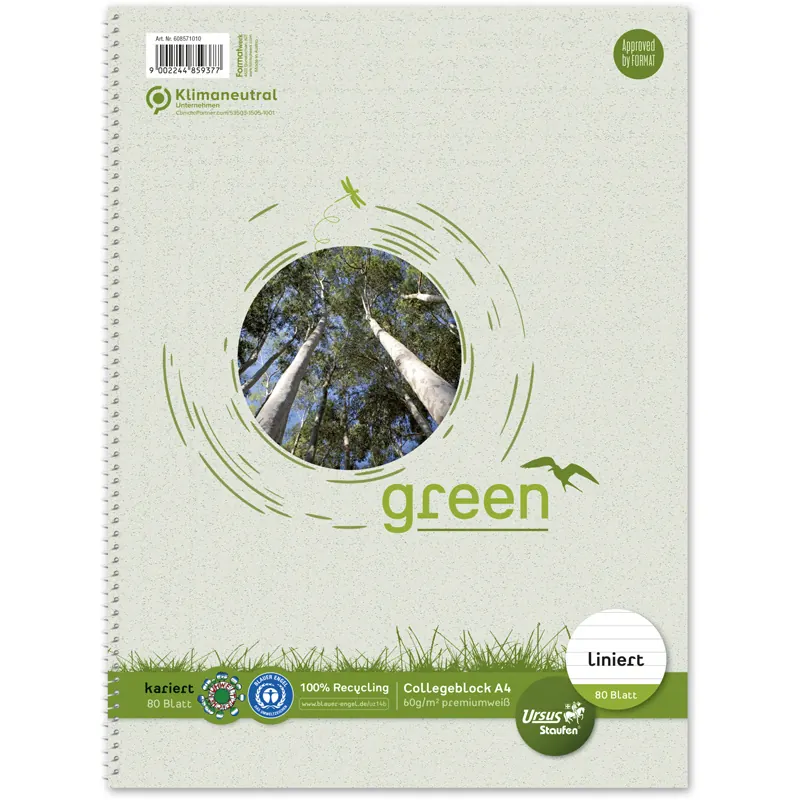 Collegeblock Staufen green paper 608571010 - A4 210 x 297 mm weiß liniert Lineatur21 mit Schreiblinie 80 Blatt Blauen Engel weißes Qualitätspapier 60 g/m²