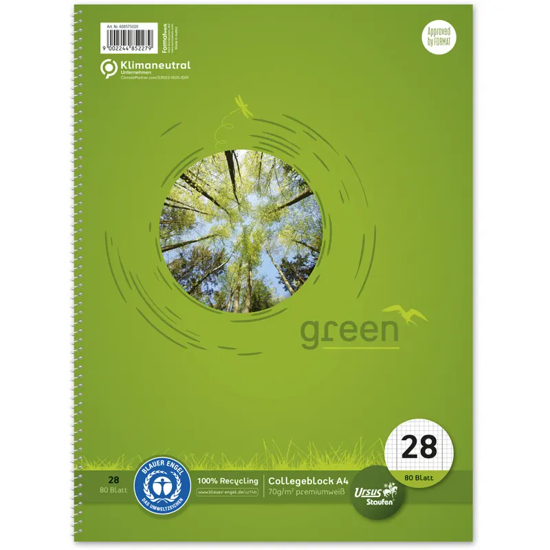 Collegeblock Staufen green paper 608575020 - A4 210 x 297 mm grün kariert Lineatur28 5 x 5 mm mit Doppelrand 80 Blatt Blauen Engel weißes Qualitätspapier 70 g/m²