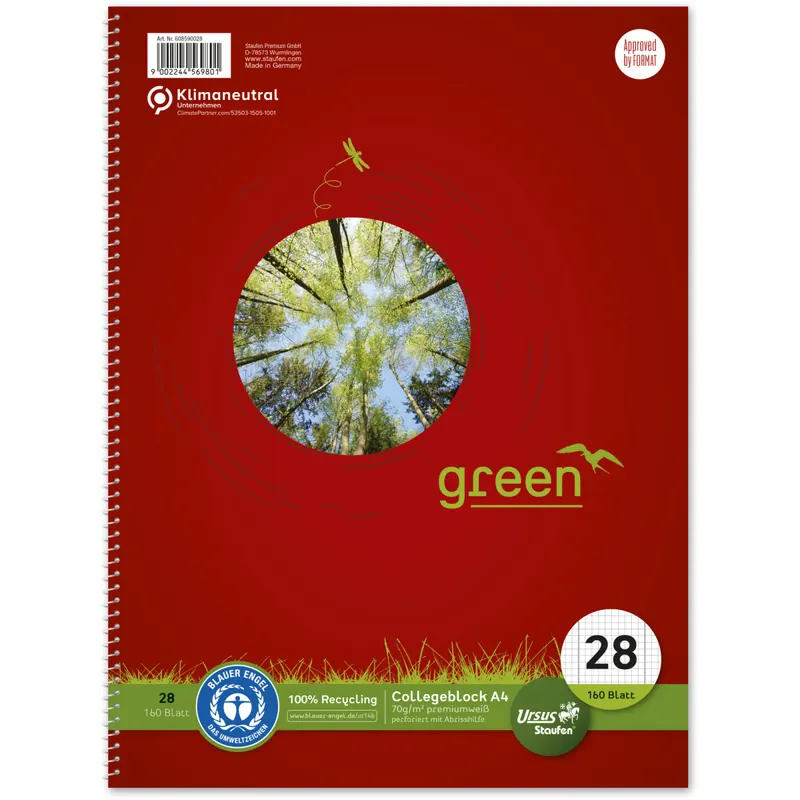 Collegeblock Staufen green paper 608590028 - A4 210 x 297 mm rot kariert Lineatur28 5 x 5 mm mit Doppelrand 160 Blatt Blauen Engel weißes Qualitätspapier 70 g/m²
