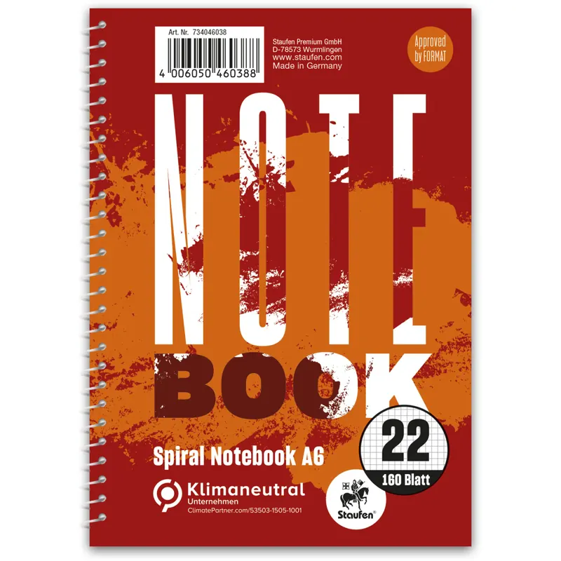 Collegeblock Staufen Notebook 734046038 - A6 105 x 148 mm rot kariert Lineatur52 5 x 5 mm 160 Blatt klimaneutral weißes Qualitätspapier 70 g/m²