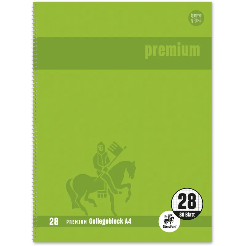 Collegeblock Staufen Premium 734451288 - A4 210 x 297 mm grün kariert Lineatur28 5 x 5 mm mit Doppelrand 80 Blatt klimaneutral hochweißes Premiumpapier 90 g/m²