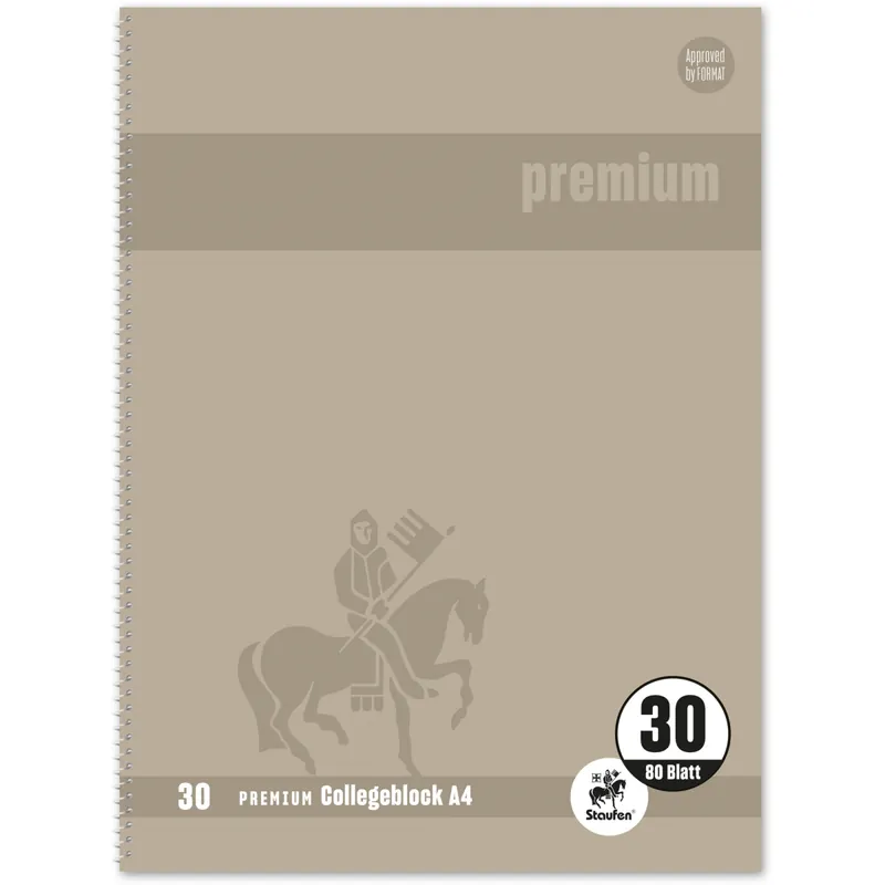 Collegeblock Staufen Premium 734451305 - A4 210 x 297 mm sand blanko Lineatur30 perforiert/gelocht 80 Blatt klimaneutral hochweißes Premiumpapier 90 g/m²