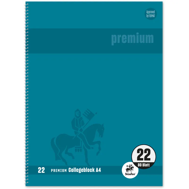 Collegeblock Staufen Premium 734451388 - A4 210 x 297 mm petrol kariert Lineatur22 5 x 5 mm 80 Blatt klimaneutral hochweißes Premiumpapier 90 g/m²