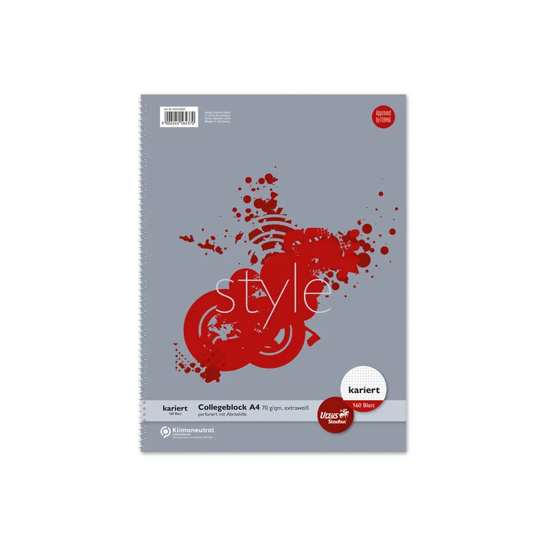 Collegeblock Staufen Style 044160020 - A4 210 x 297 mm grau kariert Lineatur22 5 x 5 mm 160 Blatt klimaneutral weißes Qualitätspapier 70 g/m²