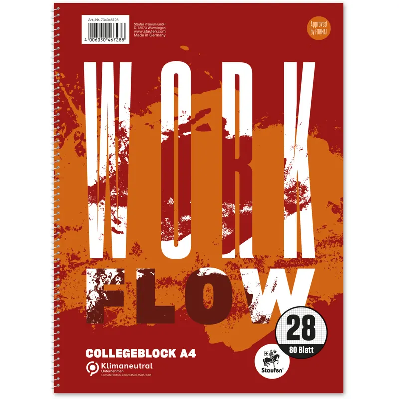 Collegeblock Staufen Style 734046728 - A4 210 x 297 mm rot kariert Lineatur28 5 x 5 mm mit Doppelrand 80 Blatt klimaneutral weißes Qualitätspapier 70 g/m²