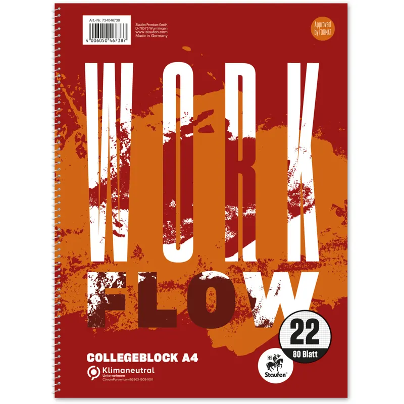 Collegeblock Staufen Style 734046738 - A4 210 x 297 mm rot kariert Lineatur22 5 x 5 mm 80 Blatt klimaneutral weißes Qualitätspapier 70 g/m²