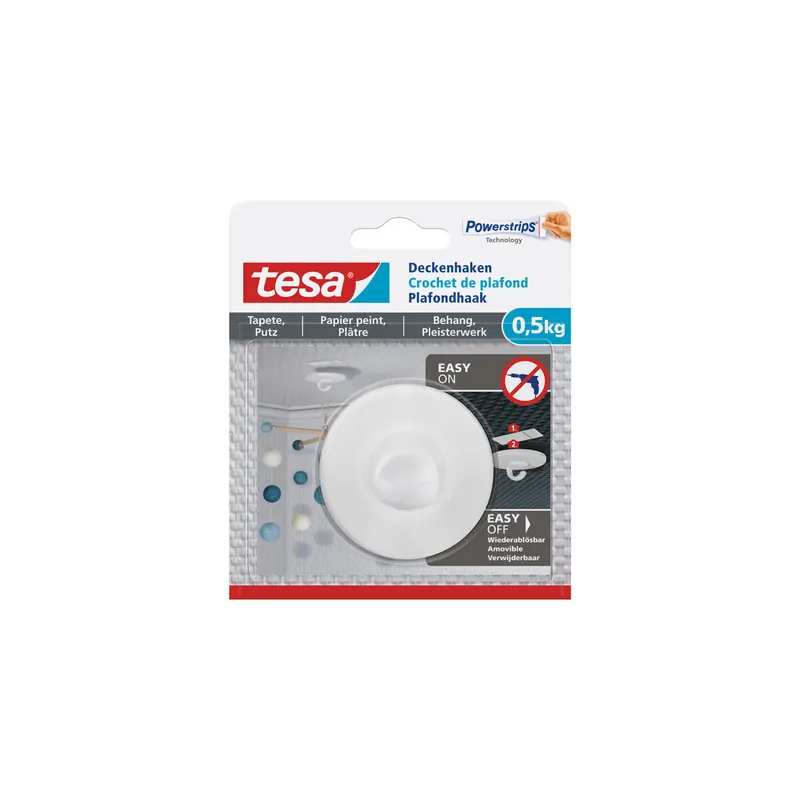 Deckenhaken tesa Powerstrips Tapete & Putz 77781 - weiß bis 0,5 kg für Tapeten & ablösbar