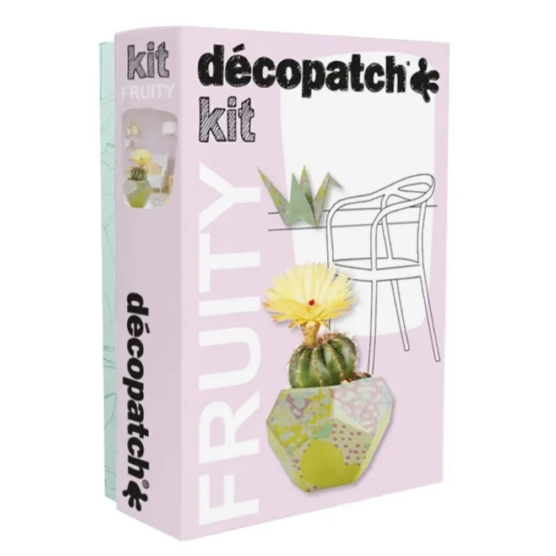 Décopatch KIT023C Fruity Kit (mit 3 Bögen Papier (30 x 40 cm), 1 Pinsel, 1 Vase und 1 Kranich (aus Pappmaché zum Verzieren, 1 Tube Kleber, ideal für Ihre Hausdeko)