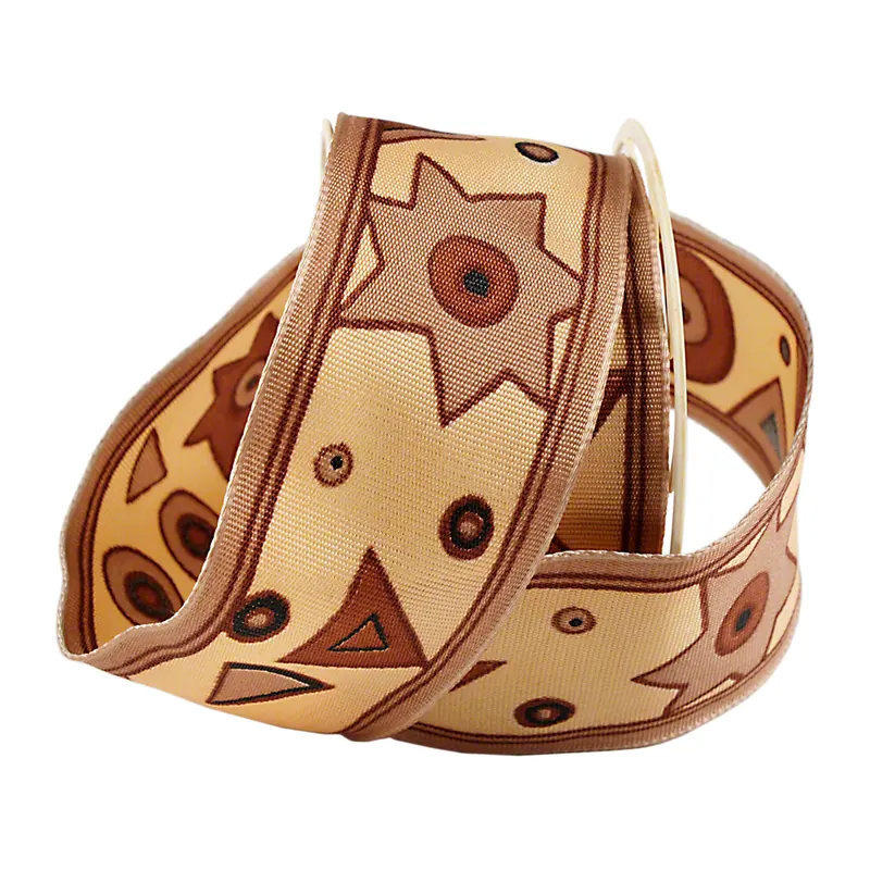 Dekoband mit Drahtkante,chamois, mit braunen Geometrie-Motiven, 2 m x 4 cm