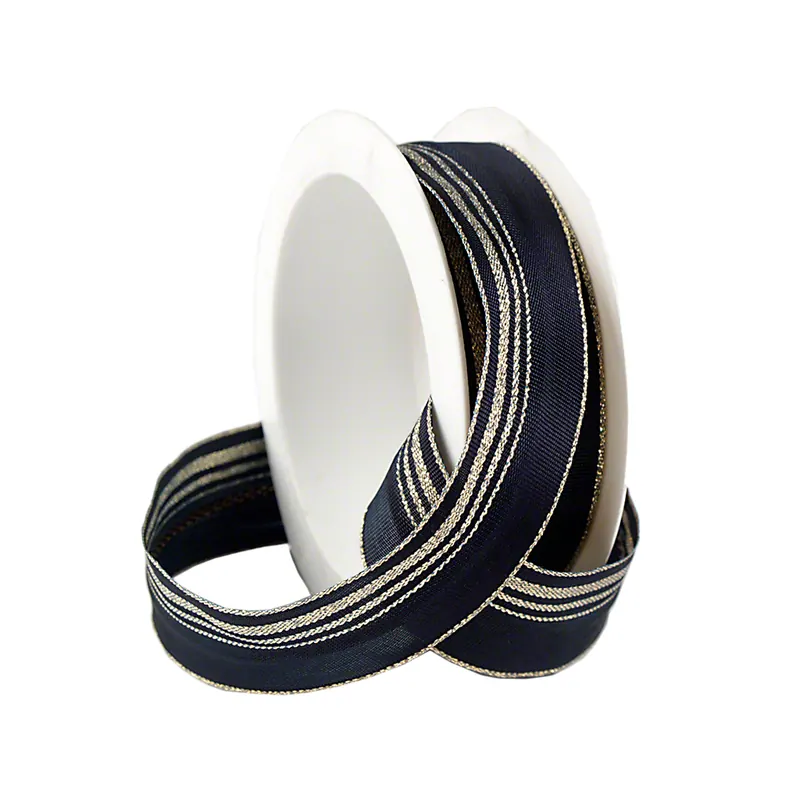 Dekoband mit Drahtkante, dunkelblau, mit goldenen Streifen, 3 m x 25 mm