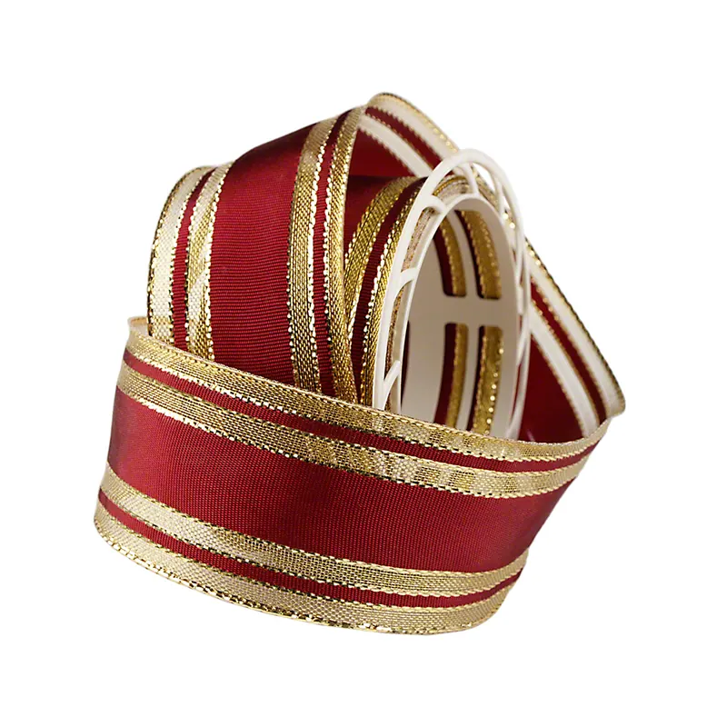 Dekoband mit Drahtkante,dunkelrot, mit goldenen Streifen, 2 m x 4 cm