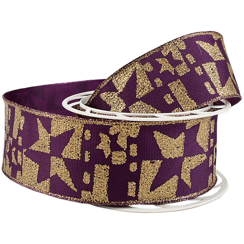 Dekoband mit Drahtkante,dunkelviolett/gold, 2 m x 4 cm