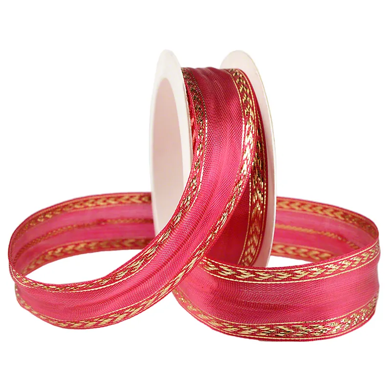 Dekoband mit Drahtkante,eosin, mit goldenen Motiven, 3 m x 25 mm