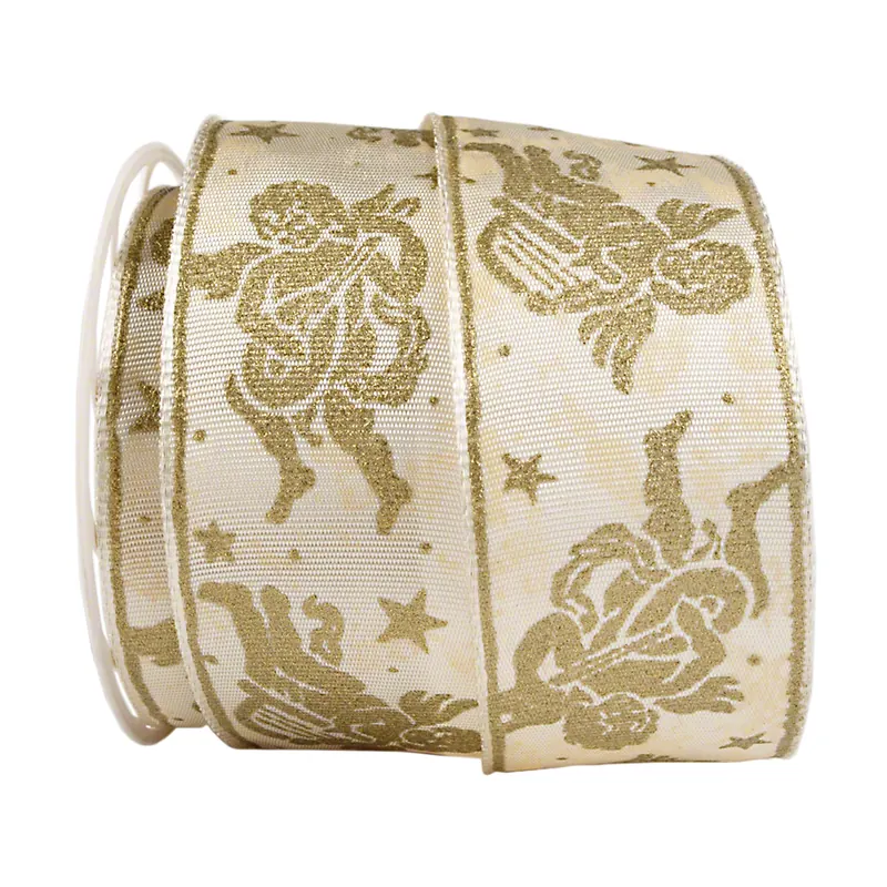 Dekoband mit Drahtkante,haut/apricose, mit goldenen Engeln, 2 m x 4 cm