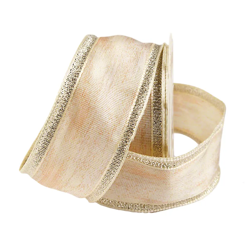 Dekoband mit Drahtkante, haut/apricose, mit silbernen Streifen, 2 m x 4 cm