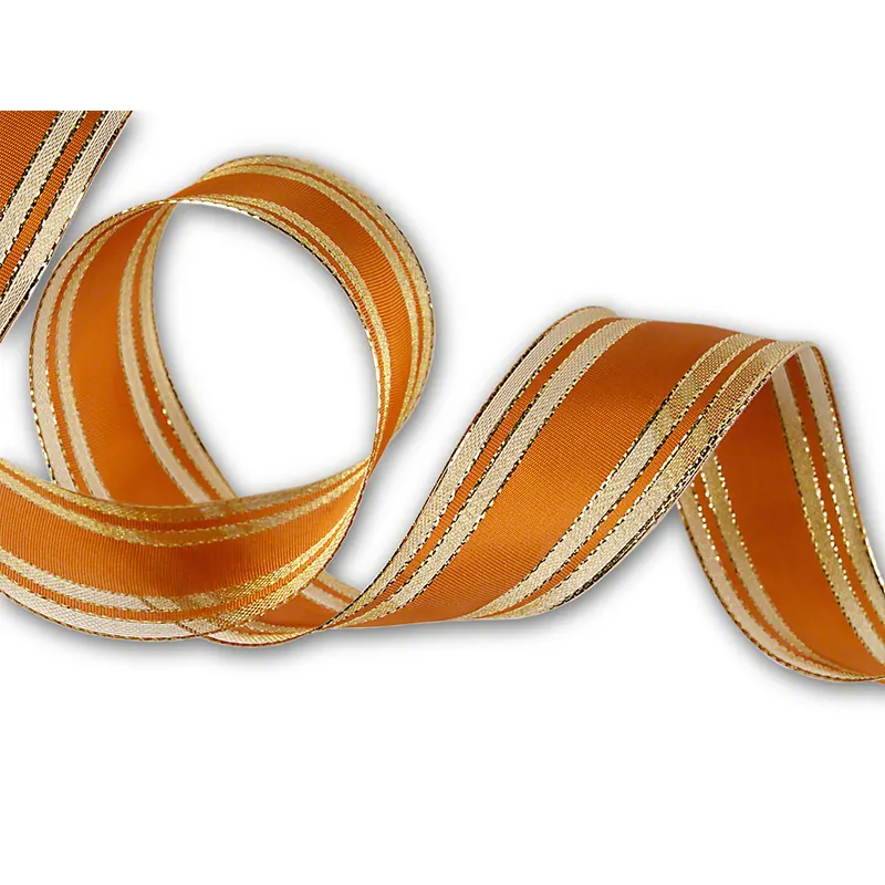 Dekoband mit Drahtkante,ocker, mit goldenen Streifen, 2 m x 4 cm