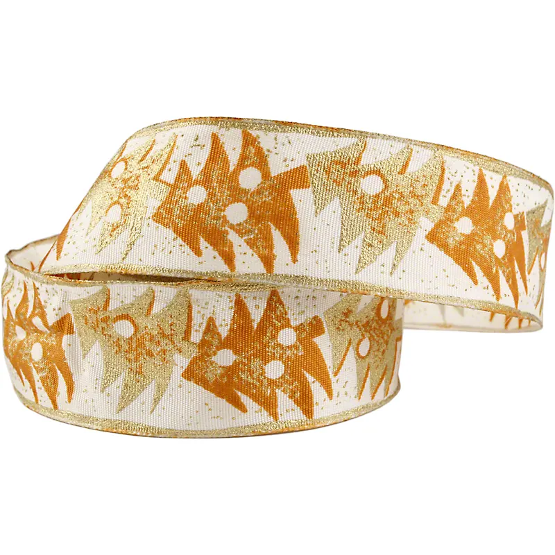 Dekoband mit Drahtkante,perlweiss, mit goldenen und orangen Tannenbäumen, 2 m x 4 cm