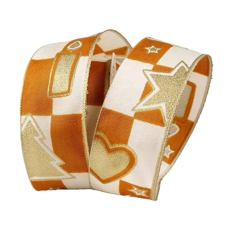 Dekoband mit Drahtkante,perlweiss/ocker, mit goldenen Weihnachtsmotiven, 2 m x 4 cm