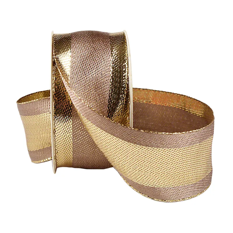 Dekoband mit Drahtkante,rehbraun, mit goldenen Streifen, 2 m x 4 cm