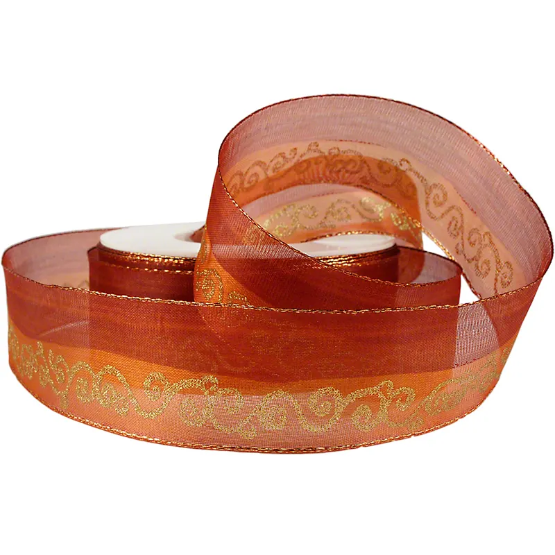 Dekoband mit Drahtkante, rotbraun/ocker, goldene Motive, 2 m x 4 cm