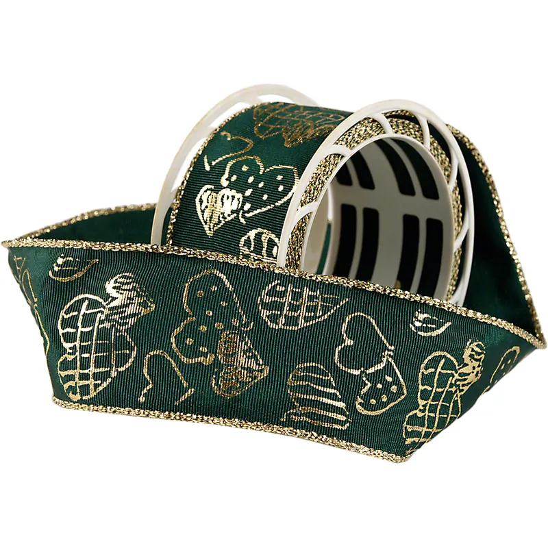 Dekoband mit Drahtkante,tannengrün, mit goldenen Herzen, 2 m x 4 cm