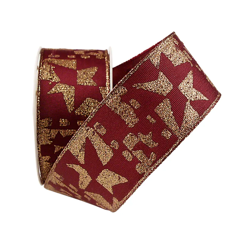Dekoband mit Drahtkante, weinrot/gold, 2 m x 4 cm