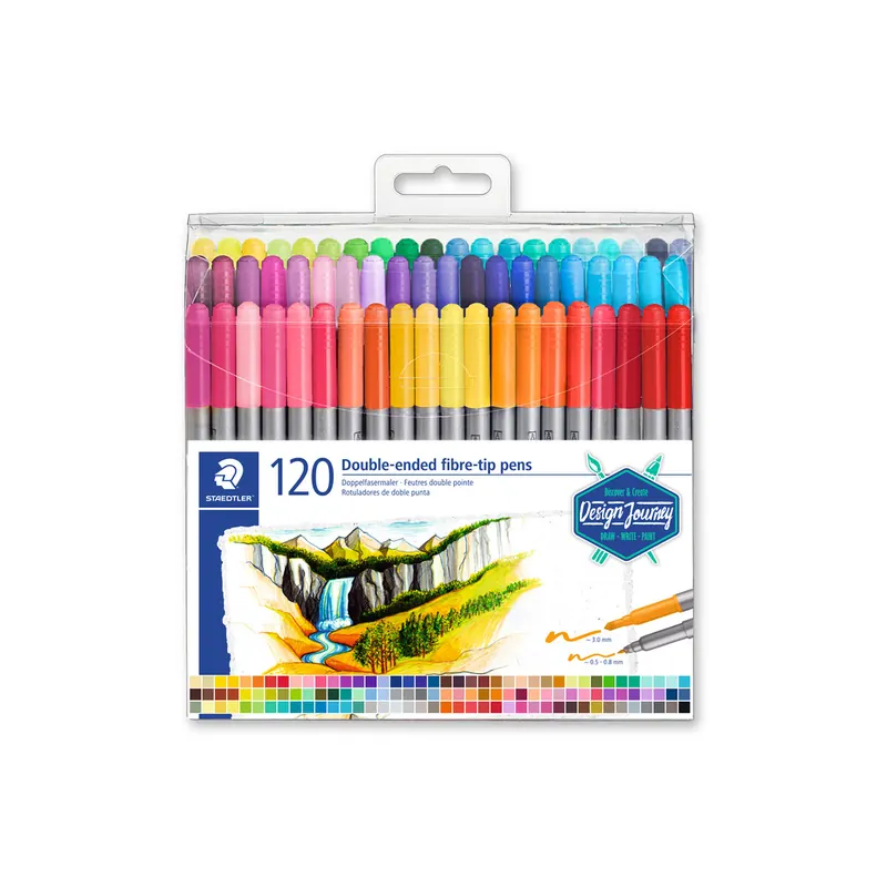 Doppelfasermaler Staedtler Mars Twin-Tip 3200 - farbig sortiert 3 + 0,8 mm feine Spitze + breite Kunststoffschaft 120er-Set