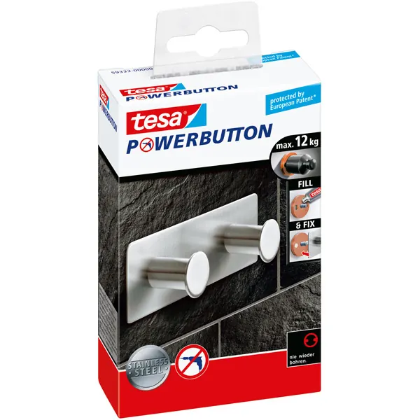 Doppelhaken tesa Powerbutton Classic 59333 - silber bis 12 kg für glatte Oberflächen wasserfest Edelstahl