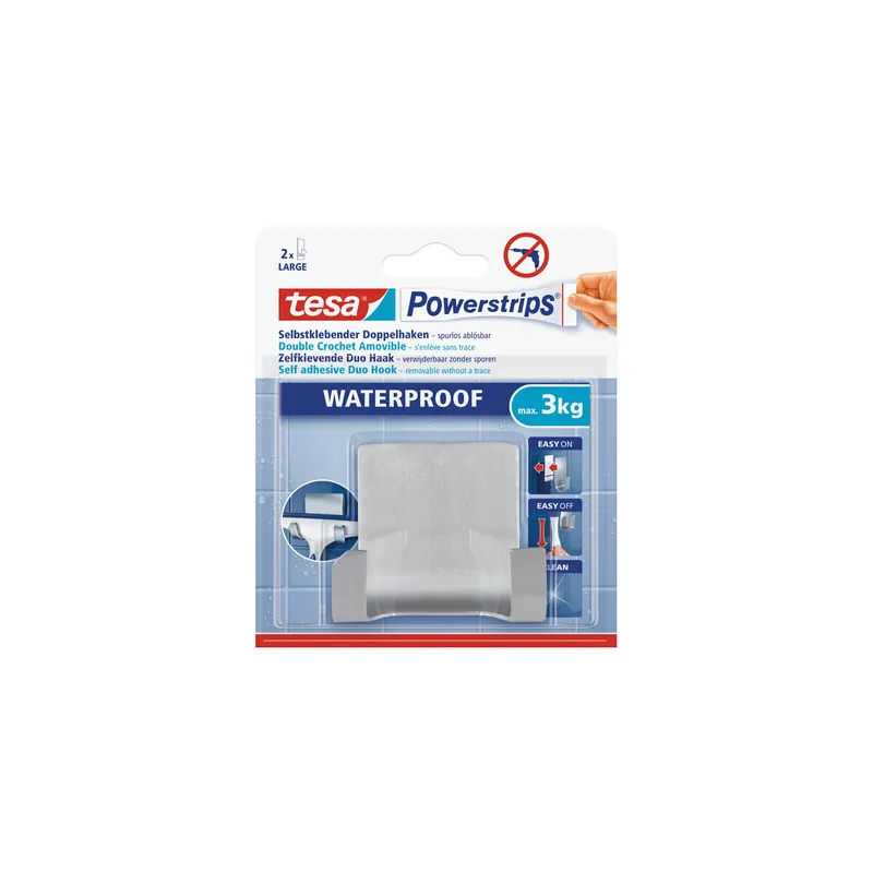 Doppelhaken tesa Powerstrips Waterproof 59710 - silber bis 3 kg für Badezimmer wasserfest Edelstahl