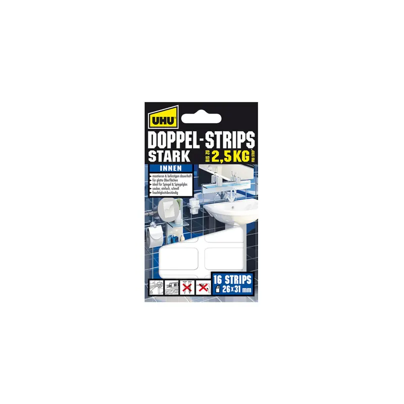 Doppelklebestreifen UHU 45380 - 26 mm x 31 mm weiß bis zu 2,5 kg Pckg/16