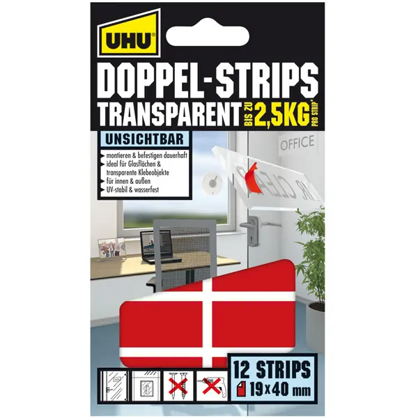 Doppelklebestreifen UHU 45515 - 19 mm x 40 mm transparent bis zu 2,5 kg Pckg/12