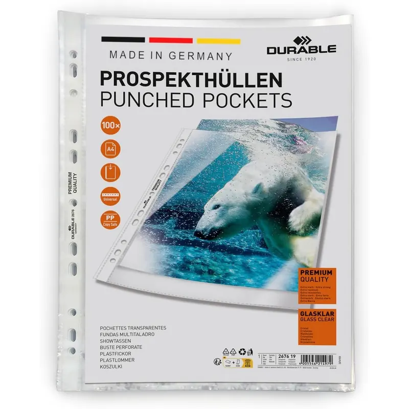 Durable Prospekthüllen (Klarsichthüllen A4 Premium extra stark, 0,08mm) 100 Stück, glasklar, 267619