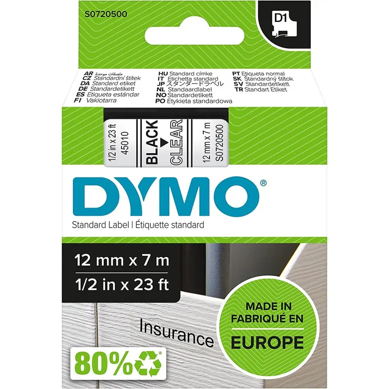 DYMO Original D1-Etikettenband | schwarz auf transparent | 12 mm x 7 m | selbstklebendes Schriftband | für LabelManager-Beschriftungsgerät
