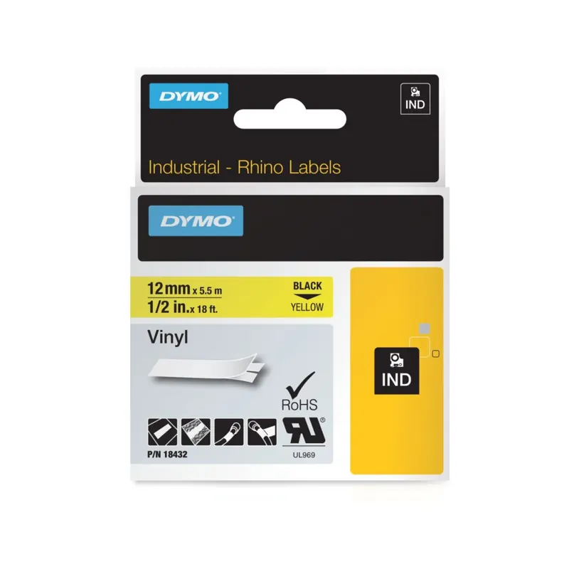 Dymo Rhino-Schriftband Vinyl 12mm x 5,5m schwarz auf gelb