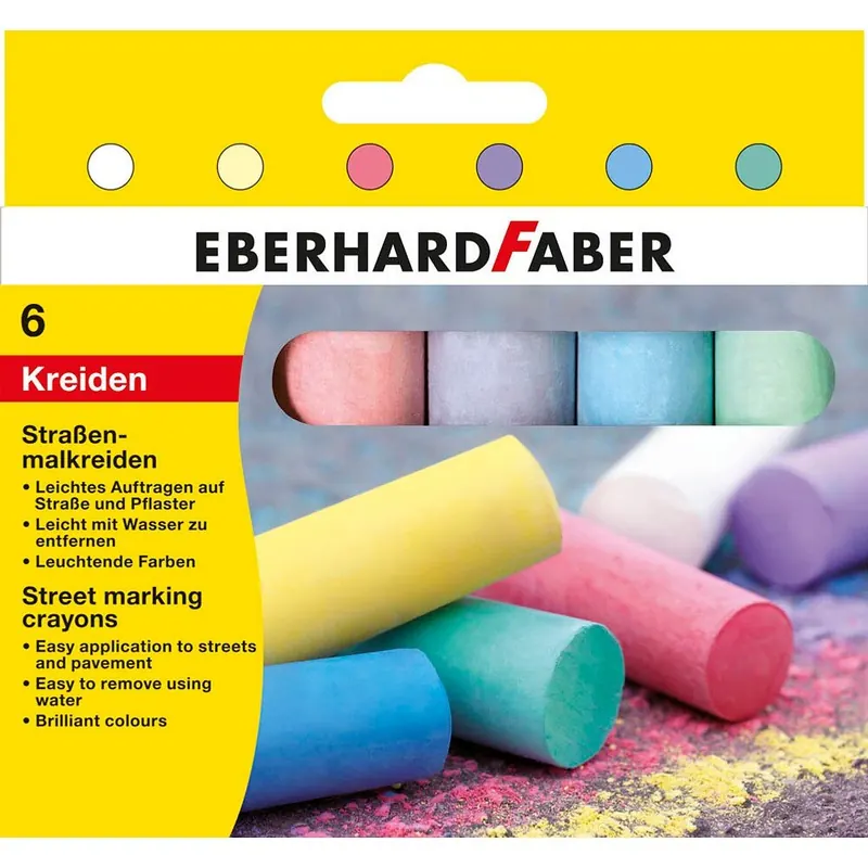 Eberhard Faber 526506 - Straßenmalkreiden in 6 leuchtenden Farben, im Kartonetui, für bunten Malspaß auf Asphalt, Straßen und Gehwegen