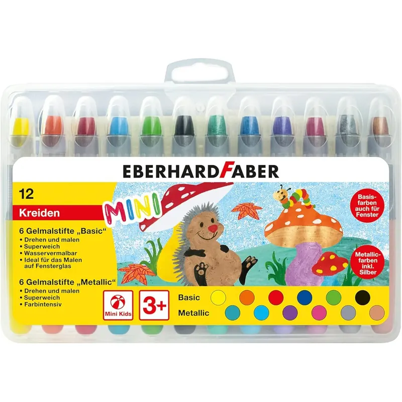 Eberhard Faber 529112 - Gelmalstifte Basic und Metallic mit weicher Mine und Schiebehülse, 12 Gelstifte im Kartonetui