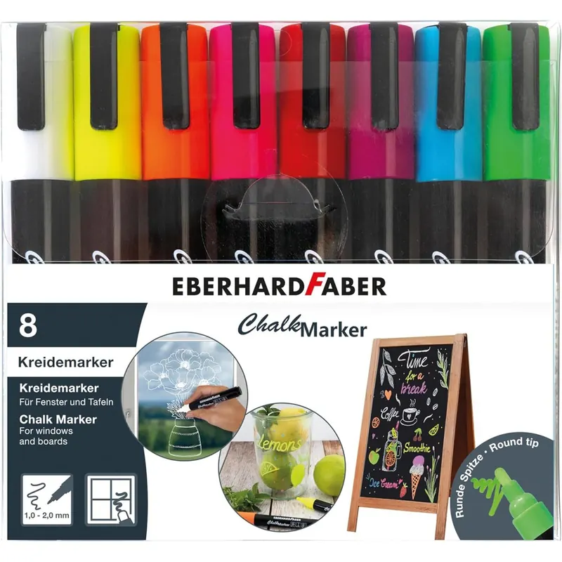 EBERHARD FABER 558308 - Chalk Marker Set, 8 Kreidestifte für glatte oberflächen, Fensterstifte abwaschbar