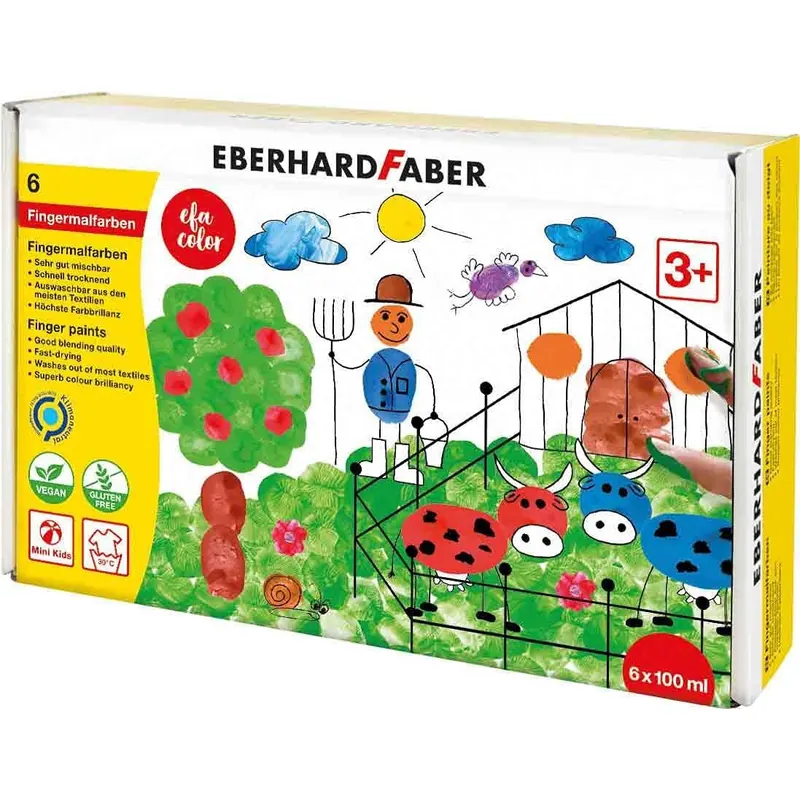 Eberhard Faber 578806 - EFA Color Fingerfarben-Set mit 6 Farbtöpfchen zu je 100 ml, schnelltrocknend und auswaschbar, zum Mischen und für kreativen Malspaß