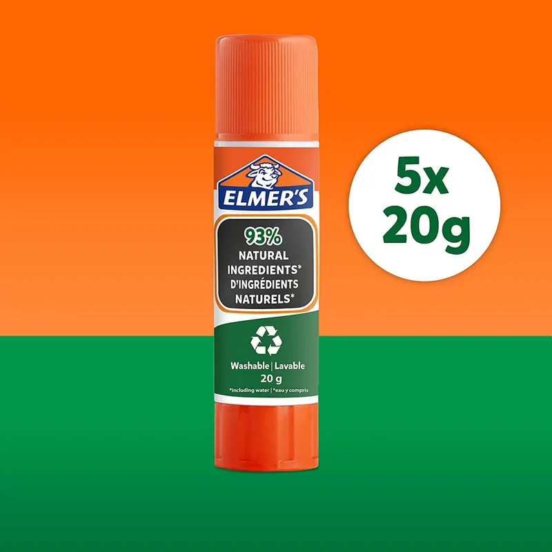 Elmer's 2143888 ökologische Klebestifte, 93 % natürliche Inhaltsstoffe, 100 % recyceltes Plastik, perfekt für Schule und Bastelarbeiten, auswaschbar und kinderfreundlich, 20 g, 5 Stück