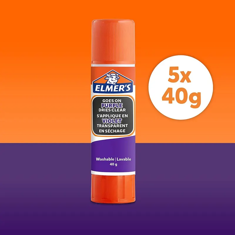 Elmer's lila Klebestift | trocknet klar | für den Schulbedarf & Bastelarbeiten | auswaschbar & kinderfreundlich | 40 g | 5 Stück