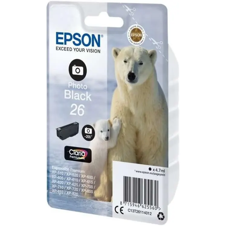 Epson Original 26 Tinte Eisbär (XP-600, XP-700, XP-800, XP-510, XP-710, XP-615, XP-610, XP-810, XP-720, XP-820, XP-520, XP-620, XP-625), fotoschwarz
