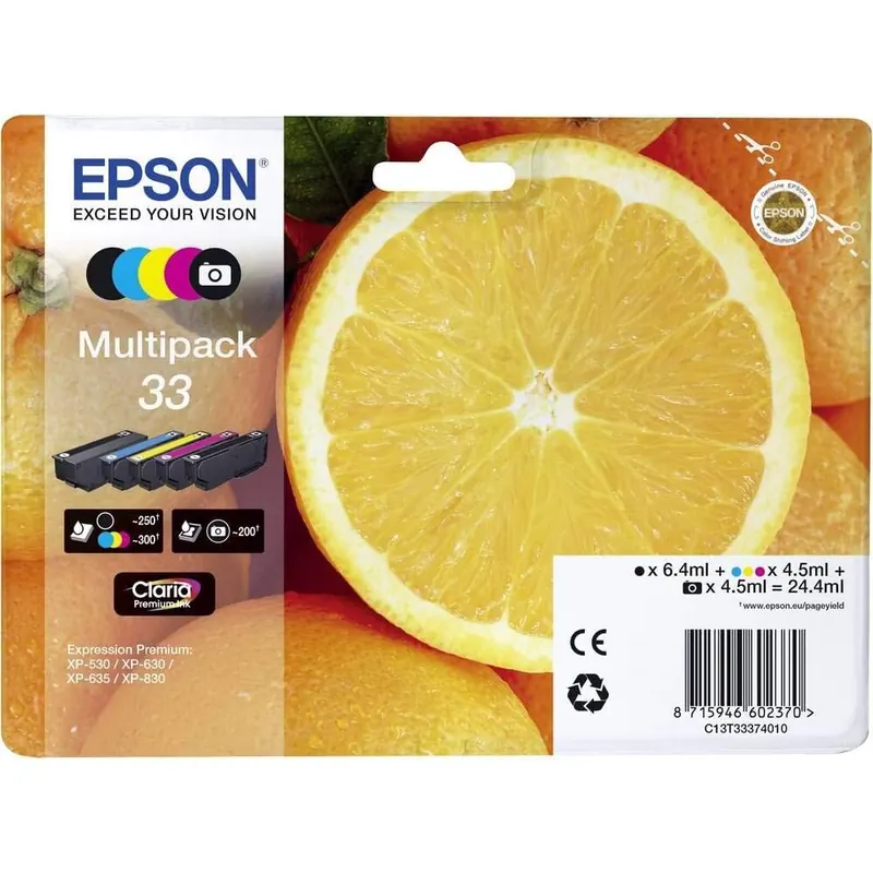 Epson Original Orangen Claria 33 Multipack extra große Tintenpatrone – 5 Farben: Patronen: Schwarz, Cyan, Magenta, Photo Schwarz, Gelb – 1 x 6,4 ml, 4 x 4,5 ml