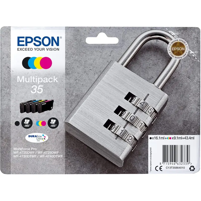 EPSON® Tintenpatrone, 35, C13T35864010, original, 4er sortiert, 16,1/9,1 ml (schwarzweiß/farbig) (4 Stück), Sie erhalten 1 Packung á 4 Stück