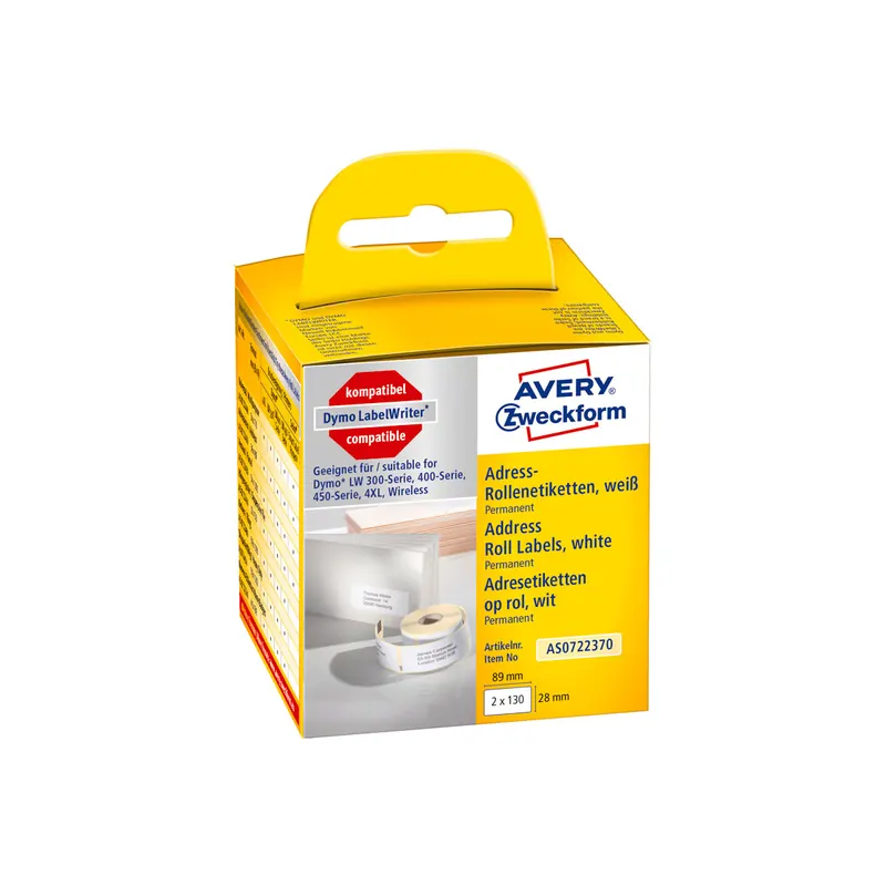 Etikettendrucker Rollenetikett Avery Zweckform AS0722370 - auf Rolle Adress-Etikett 28 x 89 mm weiß permanent ersetzt Dymo 99010 FSC-Thermopapier für Thermodrucker Pckg/260