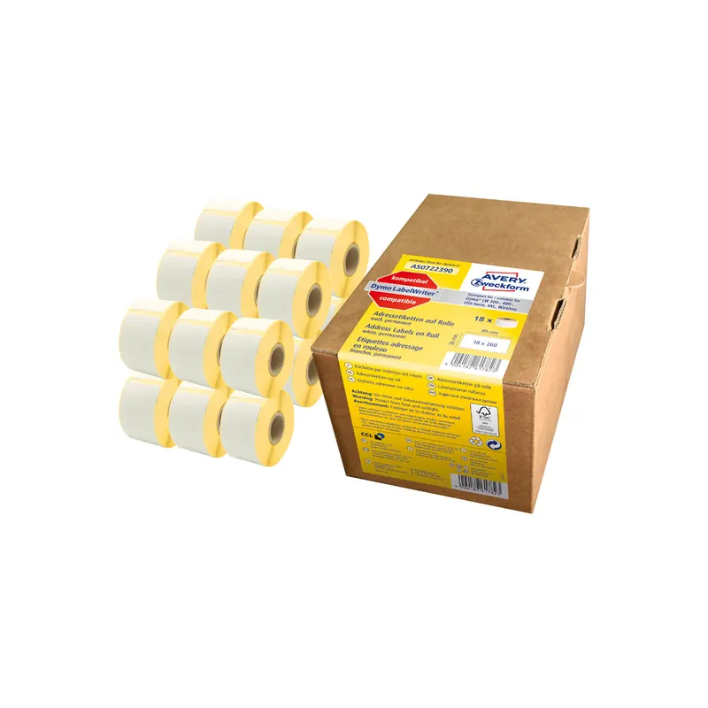 Etikettendrucker Rollenetikett Avery Zweckform AS0722390 - auf Rolle Adress-Etikett 36 x 89 mm weiß permanent ersetzt Dymo 13187 und 99012 Folie für Thermodrucker Pckg/4680