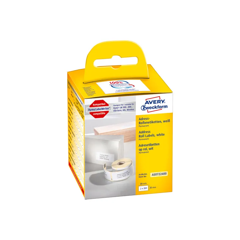 Etikettendrucker Rollenetikett Avery Zweckform AS0722400 - auf Rolle Adress-Etikett 36 x 89 mm weiß permanent ersetzt Dymo 99012 FSC-Thermopapier für Thermodrucker Pckg/2x260