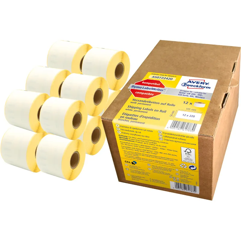 Etikettendrucker Rollenetikett Avery Zweckform AS0722420 - auf Rolle Versand-Etikett 54 x 101 mm weiß permanent ersetzt Dymo 99014 Folie für Thermodrucker Pckg/2640