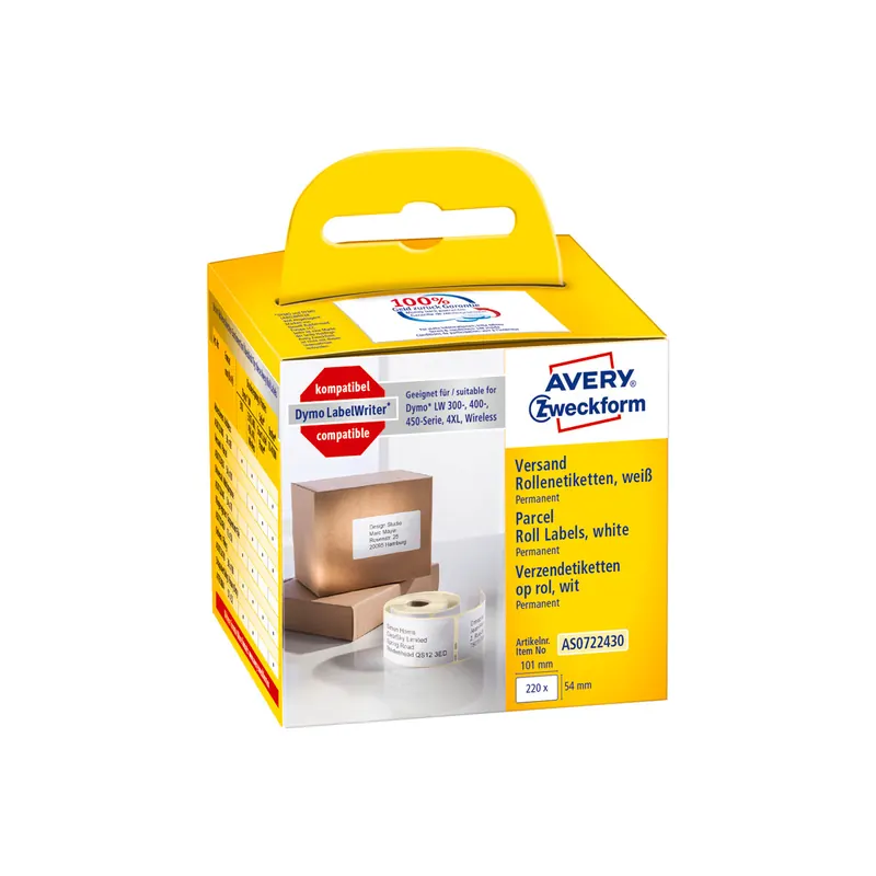 Etikettendrucker Rollenetikett Avery Zweckform AS0722430 - auf Rolle Versand-Etikett 54 x 101 mm weiß permanent ersetzt Dymo 99014 FSC-Thermopapier für Thermodrucker Pckg/220